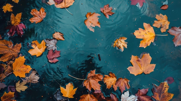Bladeren vallen op het water. Afbeelding gegenereerd door AI.