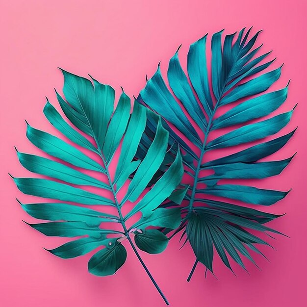 Bladeren van palmboom geïsoleerd op een dubbele roze blauwe achtergrond ai gegenereerde kunst