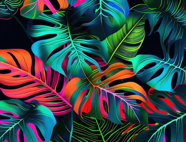 Bladmonstera en palmpatroonachtergrond bij neonkleuren Gegenereerde AI-illustratie voor ontwerpbriefkaart of print