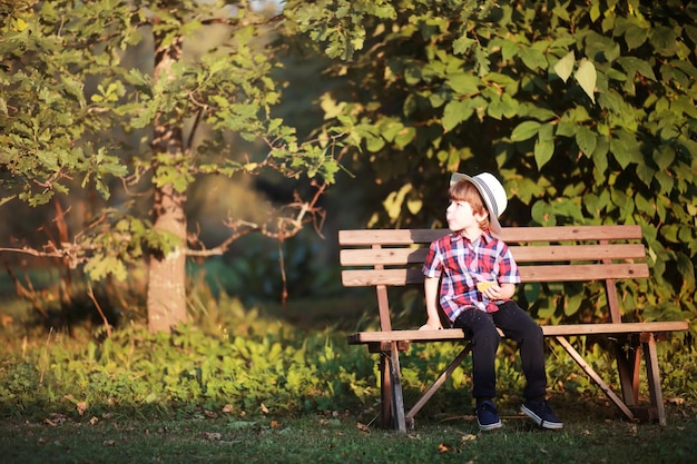 Bladval in het park Kinderen voor een wandeling in het herfstpark Family Fall Happiness