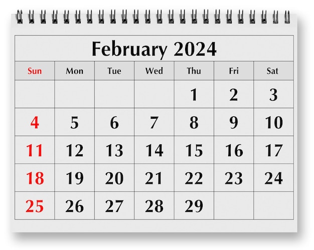 Bladzijde van de jaarlijkse maandelijkse kalender februari 2024