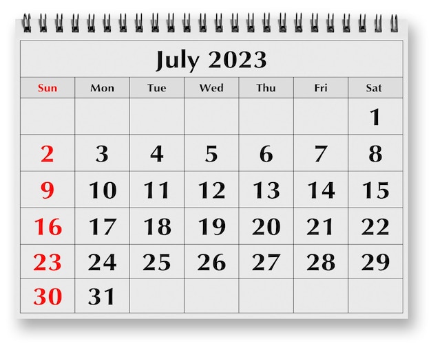 Bladzijde van de jaarlijkse maandelijkse kalender juli 2023