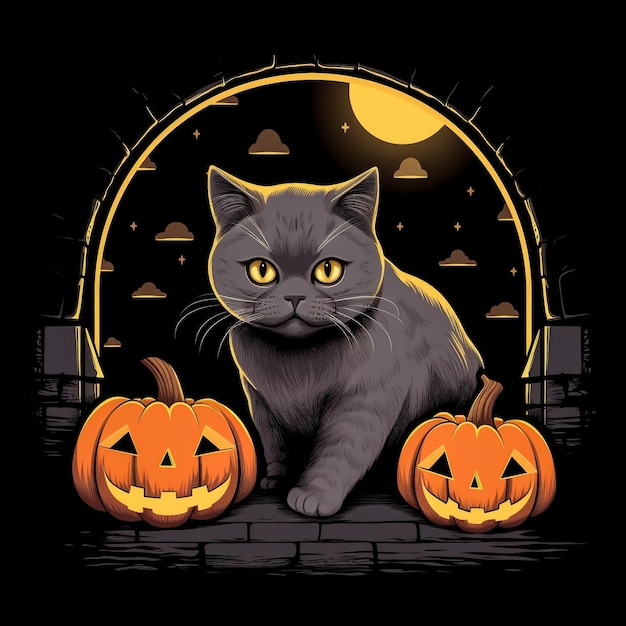 Foto gatto nero con zucca di halloween isolata su sfondo bianco illustrazione vettoriale