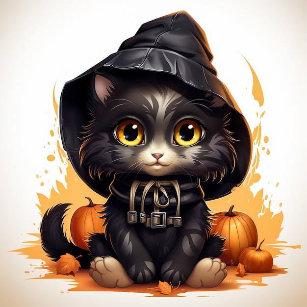 Blak cat with Halloween pumpkin Isolated on a white background Vector Illustration