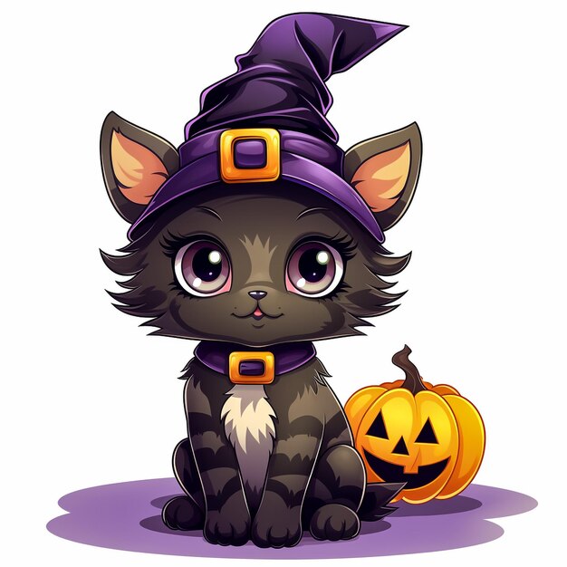 Blak kat met Halloween pompoen geïsoleerd op een witte achtergrond vectorillustratie