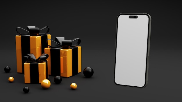 Foto mockup di smartphone bianco su sfondo nero e oro regali 3d