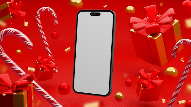 Foto mockup di smartphone blanc su sfondo rosso di natale 3d