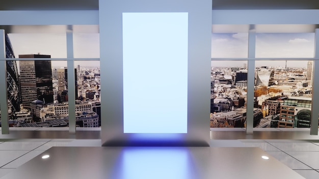 Blanco banner in een kamer met grote ramen, uitzicht op de stad