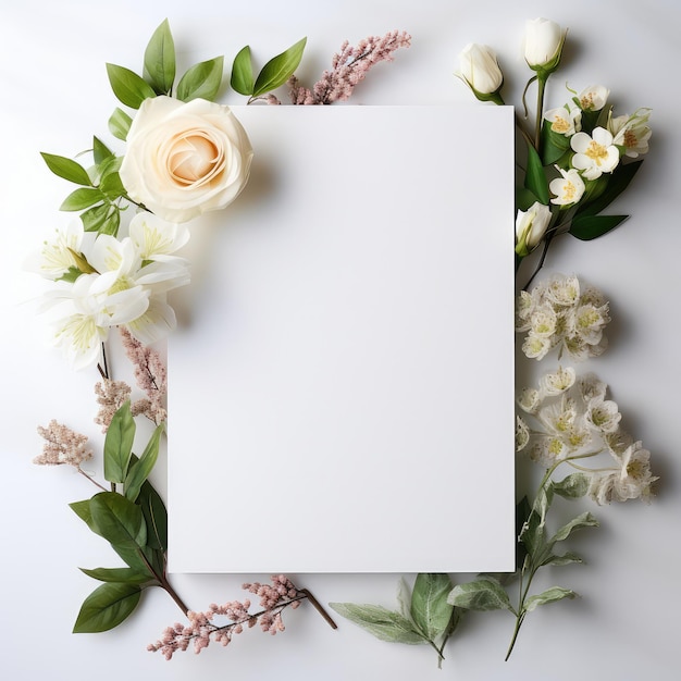 Foto blanco bruiloft uitnodiging kaart mockup met bloemen rand