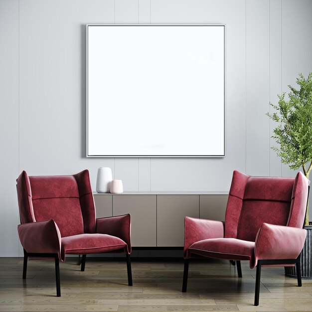 blanco fotolijst mock-up in modern interieur achtergrond met lege witte muur roze fauteuil console en plant Scandinavische stijl 3d rendering