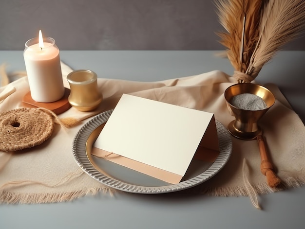 Blanco kaart envelop kaars en veer op tafel Mockup voor branding identiteit