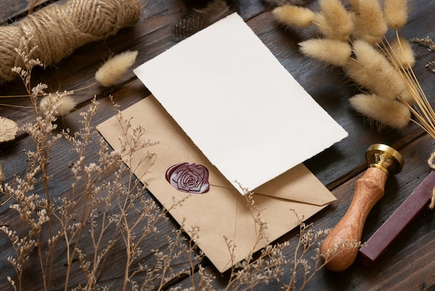 Blanco papieren kaart op envelop en houten tafel met gedroogde planten close-up