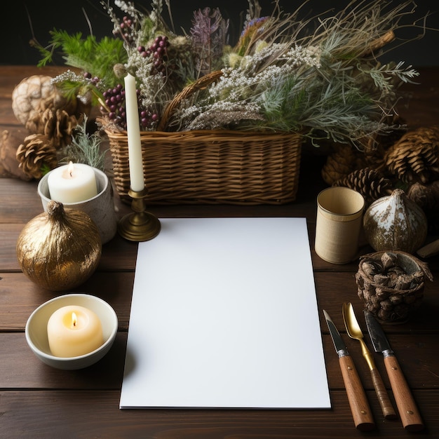 Blanco vel papier op de houten tafel en kerstversiering Generatieve AI