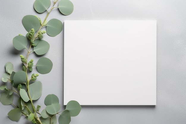 Foto blanco vierkante kaart mockup met eucalyptus tak en kopieer ruimte op grijze beton achtergrond