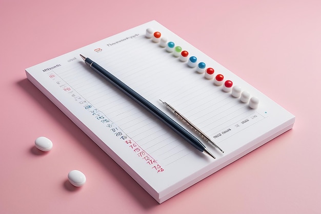 blanco wit notitieblok met witte elektronische thermometer voor het meten van de lichaamstemperatuur en losse blisters met ronde pillen op een roze achtergrond