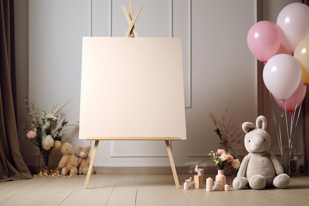 blanco witte poster op schildersezel voor een fotoshoot in een tipi met ballonnen