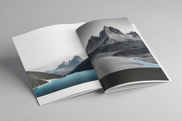 Foto modello bianco a4 di un opuscolo paesaggistico fotorealistico su sfondo grigio chiaro