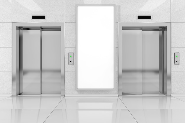 Blank Ad Billboard or Poster near Modern Elevator or Lift with Metal Doors in Office Building extreme closeup. 3d Rendering