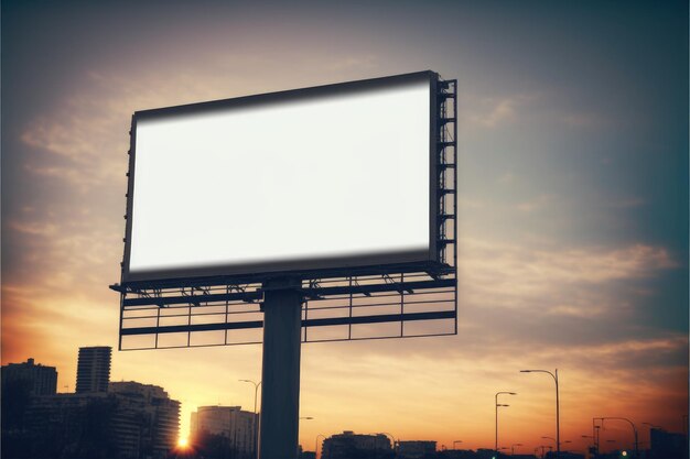 Cartellone pubblicitario vuoto in piazza all'aperto con sfondo sfocato sul tramonto