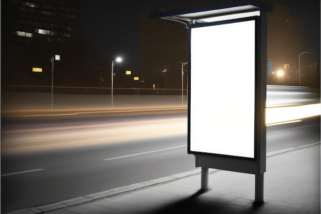 Blank advertising billboard in square outdoor with neon background on sidewalk