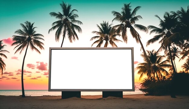 Blank advertising billboard on the tropical beach landscape during sunset Generative AI