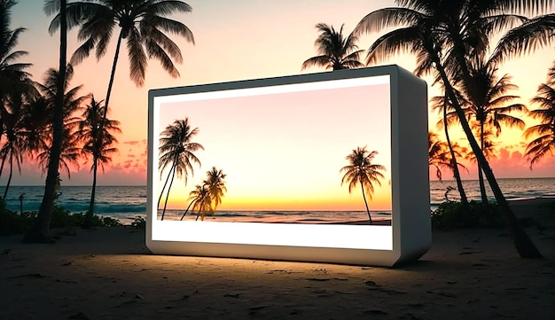 일몰 동안 열대 해변 풍경이 있는 빈 광고판 Generative AI
