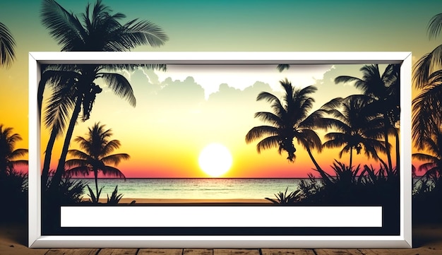 Blank advertising billboard with the tropical beach landscape during sunset Generative AI