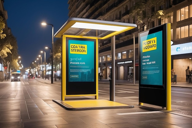 Photo blank advertising light box on bus stop mockup of empty ad billboard on night bus station