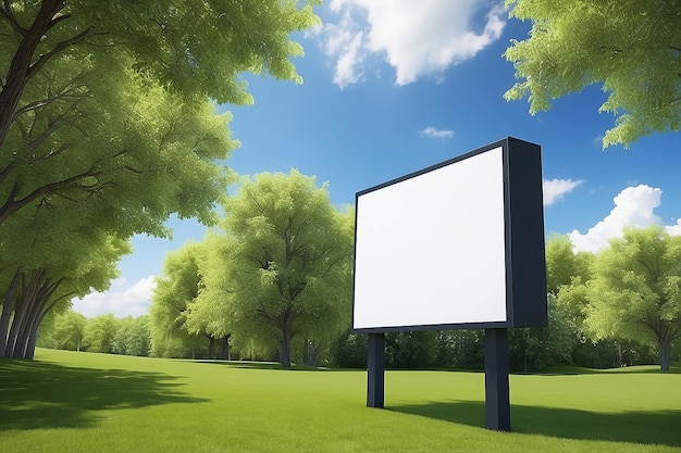 blank advertising sign in front of green trees and blue sky