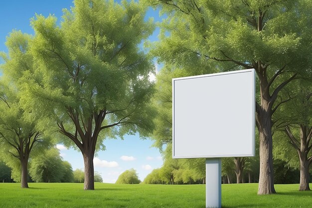 blank advertising sign in front of green trees and blue sky