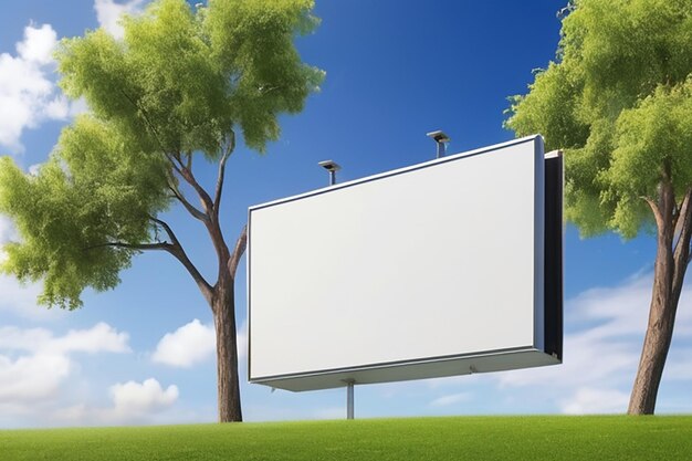 blank advertising sign in front of green trees and blue sky