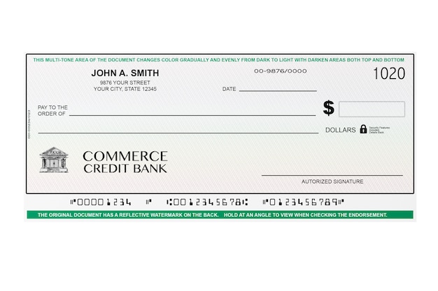 Photo blank banking check on a white background