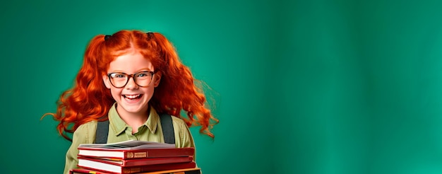 Photo blank banner of redhaired girl with red books on a green background