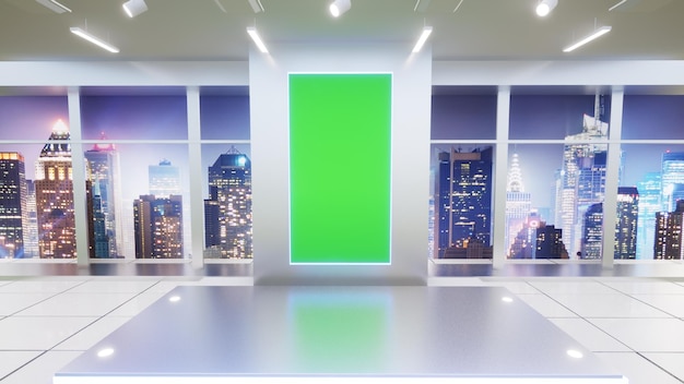 Blank banner in a room with large windows, view city