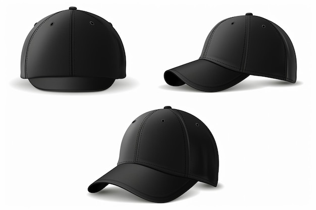 Blank baseball cap Front Back and Side View color black on white background