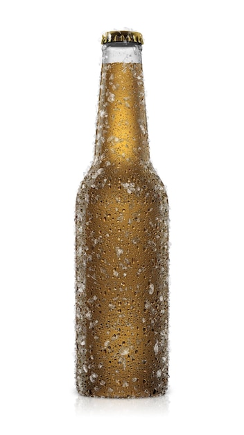 Blank Beer bottle White with water drops and ice isolated on a white background