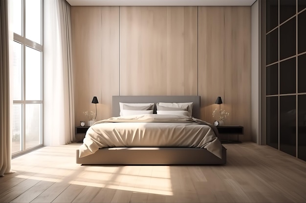 Blank beige brown wall in modern luxury bedroom in sunlight Ai Generative