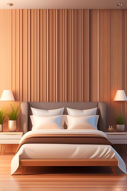 Blank beige brown wall in modern luxury bedroom in sunlight from window blinds wooden bed gray bl