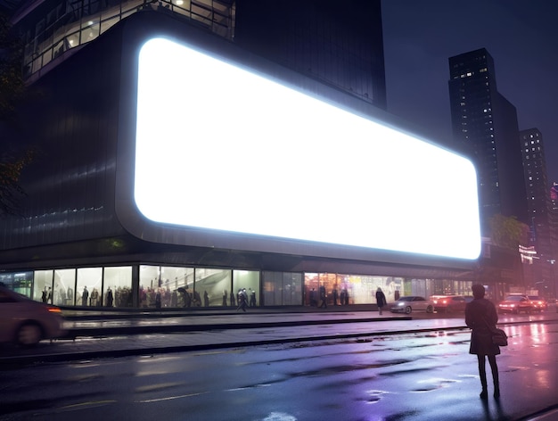 밤에 도시에서 빈 광고판을 만들고 생성 AI를 모의합니다.