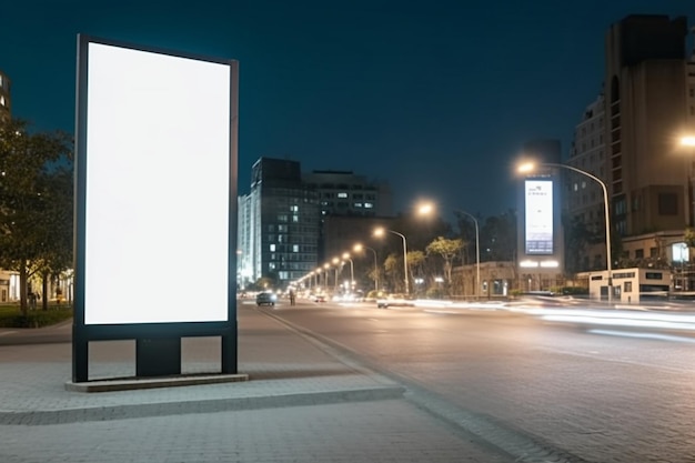 A blank billboard on a city street at night