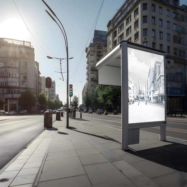 Blank billboard on the city street in sunny day 3d rendering