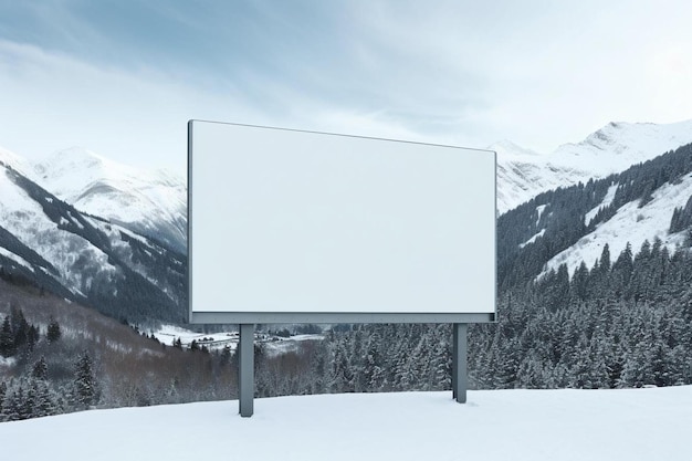 雪の山の真ん中にある白い広告板