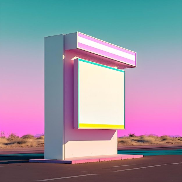 Blank billboard mockup for advertisement in post apocalyptic city vaporwave colors