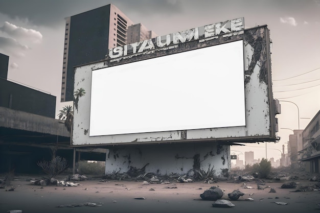 Blank billboard mockup for advertisement in post apocalyptic city