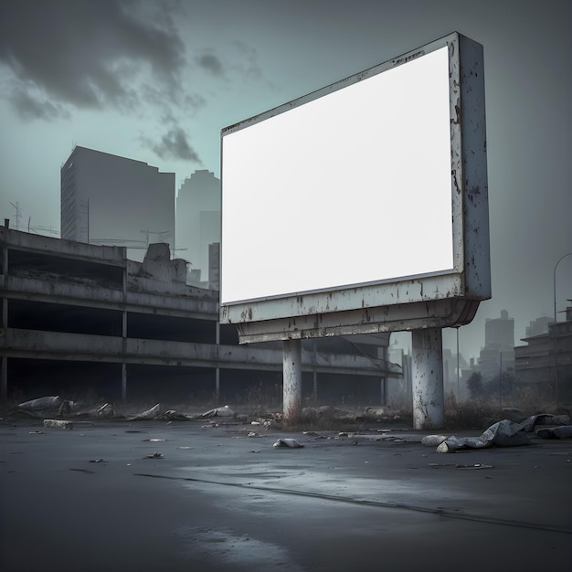 Blank billboard mockup for advertisement in post apocalyptic city