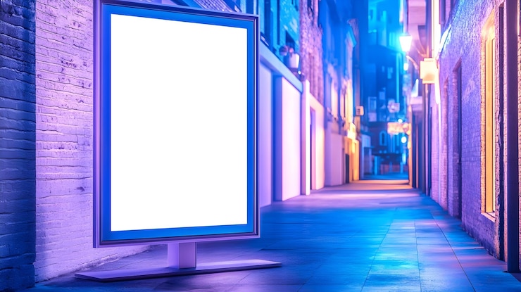 Photo blank billboard mockup in colorful neon city alley