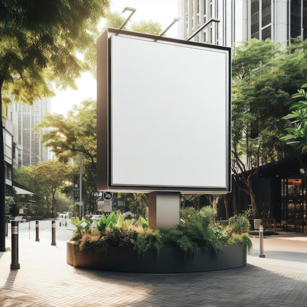 Blank billboard mockup omringd door bomen en groen gebladerte in de stad ai generatief