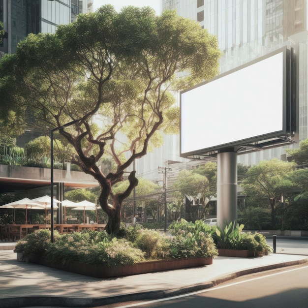 도시 에 있는 나무 와 초록색 잎자루 로 둘러싸인 빈 광고판 모