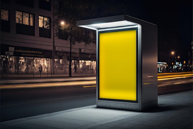 Blank billboard mockup with illumination on sidewalk in city at night created with generative ai