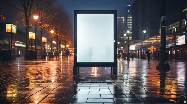 Blank billboard on a rainy city street at night
